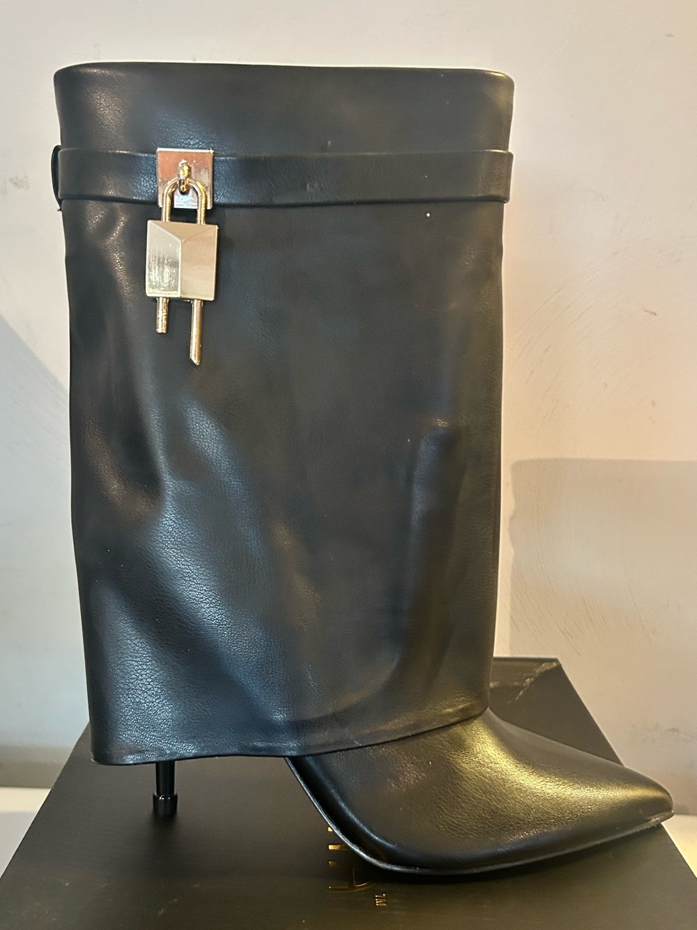 Liliana Black Leather Mid-Calf Boot with Gold Padlock Detail